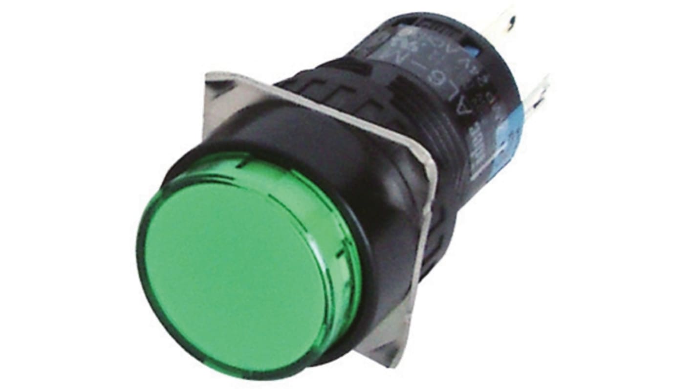 Idec Illuminated Push Button Switch, Latching, Panel Mount, 16.2mm Cutout, DPDT, Green LED, 250V, IP40