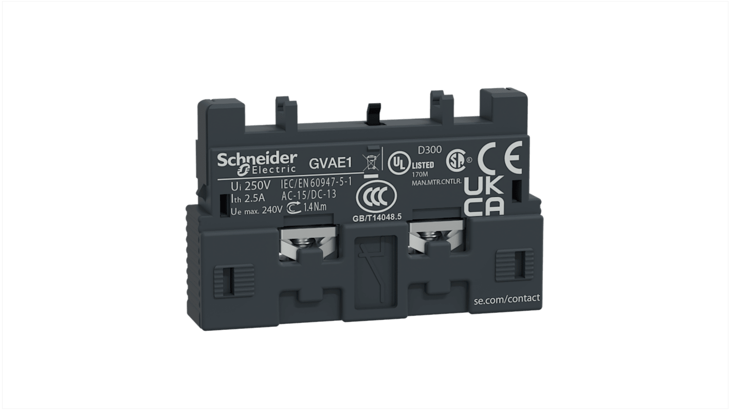 Schneider Electric 1 常闭 + 1 常开辅助触头, 正面安装, 60 V 直流， 240 V 交流, GVAE1 | RS