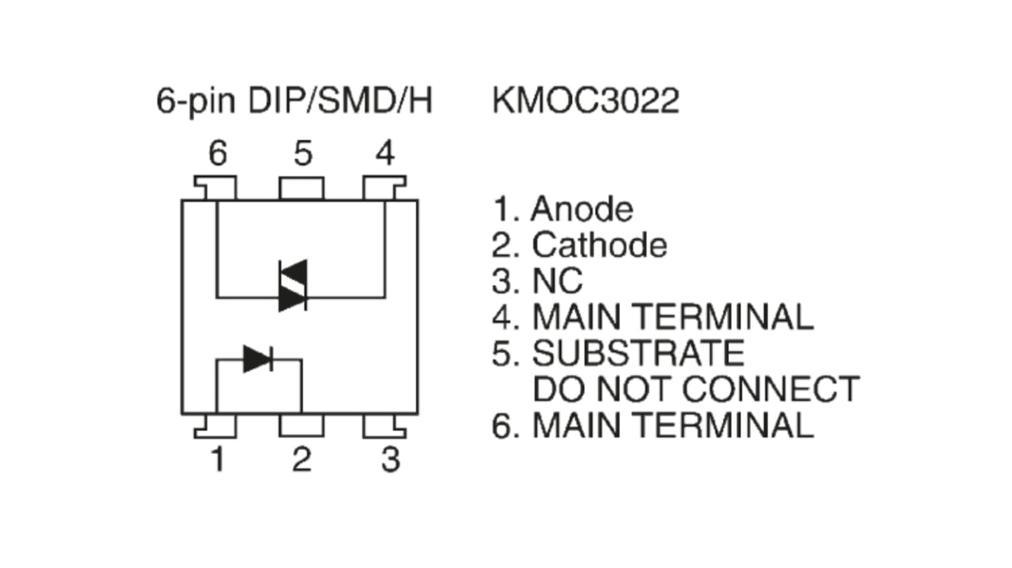 Optoacoplador Cosmo, Vf= 1.5V, Viso= 5 kVrms, OUT. Fototriac, mont. pasante, encapsulado DIP, 6 pines