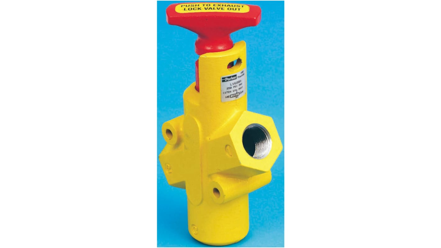 Pneumatický ventil s ručním ovládáním, řada: LV barva Červená/žlutá Držadlo G 1/2, materiál tělesa: Odlévaná hliníková