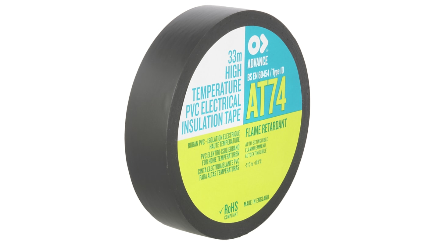 Cinta aislante de PVC Advance Tapes AT74 de color Negro, 19mm x 33m, grosor 0.15mm