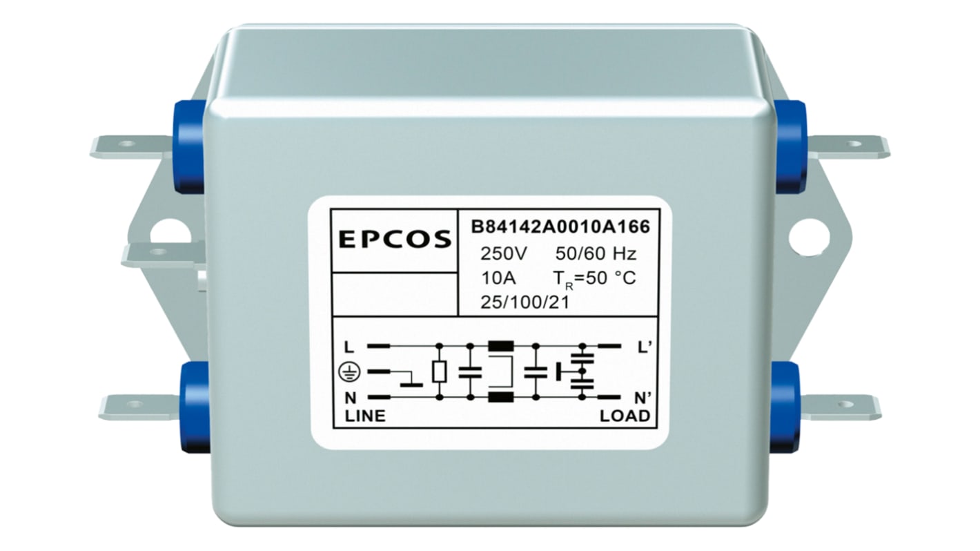 Filtr EMC, řada: B84142-A, 250 V AC/DC, 60Hz, Montáž na přírubu, Šroub, 20A, 7,9 mA, EPCOS, Two Stage, 10mΩ, UL 1283