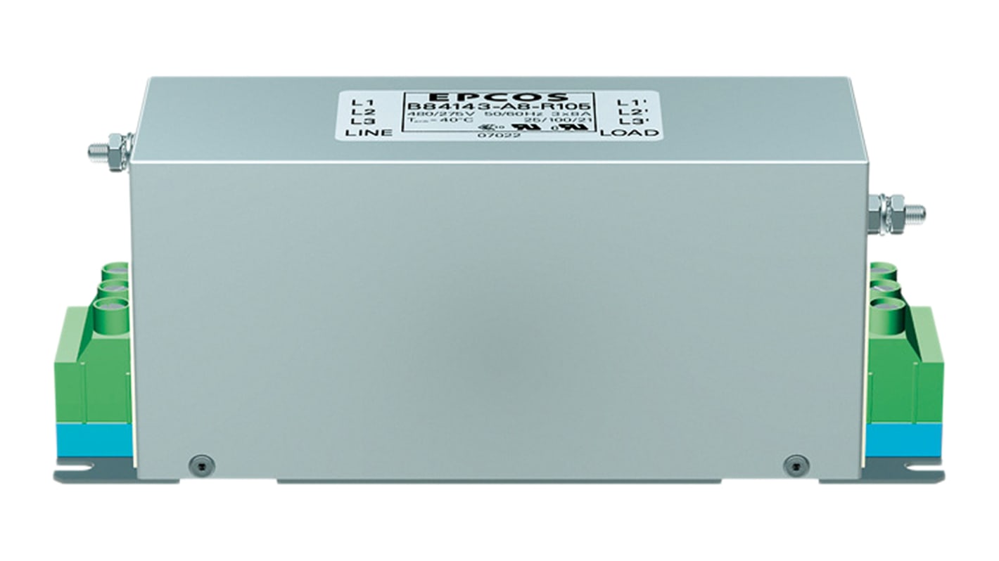 EPCOS EMC-szűrő 8A, 520 V AC, 50 → 60Hz, Karimával szerelhető, lezárás: Csavar 4,1 mA, B84143A*R105 sorozat