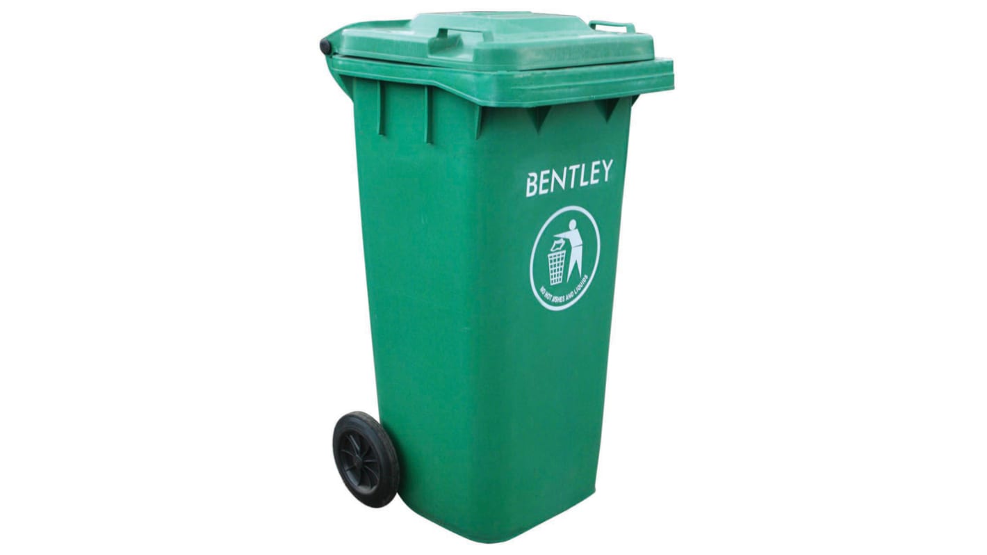 RS PRO Kunststoff Mülleimer 140L Grün T 560mm H. 1070mm B. 480mm, mit Deckel, auf Räder
