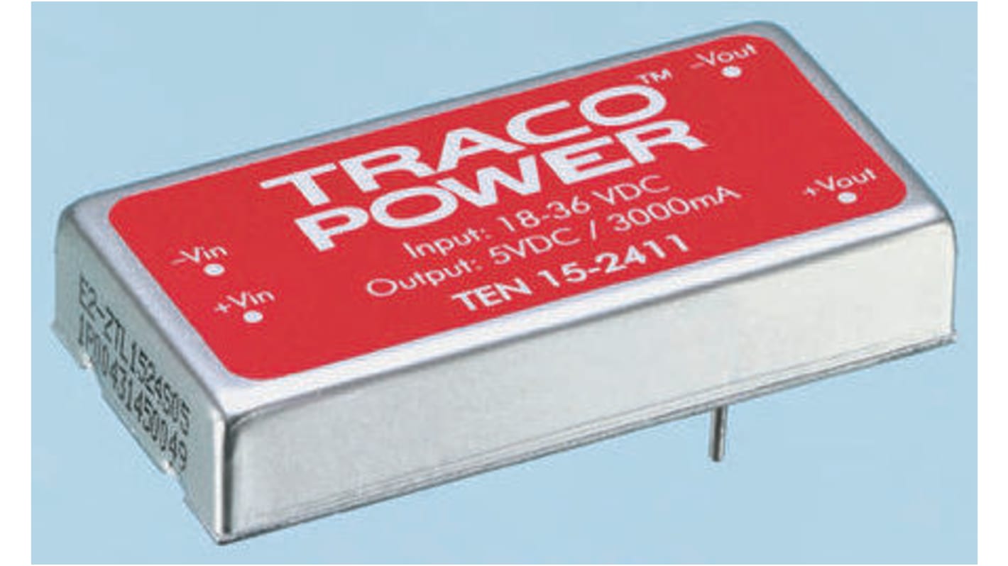 TRACOPOWER TEN 15 DC-DC Converter, ±12V dc/ ±625mA Output, 36 → 75 V dc Input, 15W, Through Hole, +85°C Max Temp