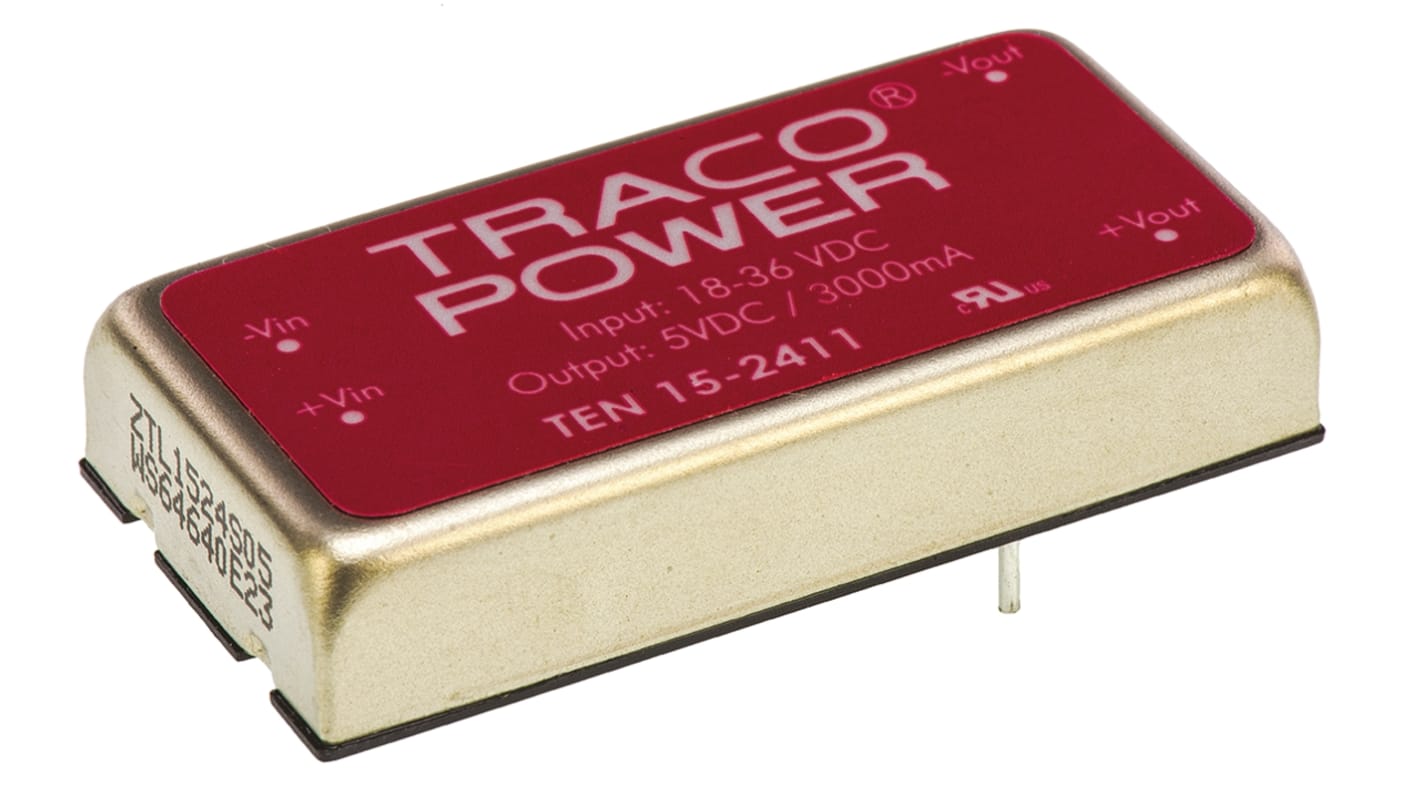 TRACOPOWER TEN 15, Vout: 5V dc 15W, Vin: 18 → 36 V dc DC-DC-konverter