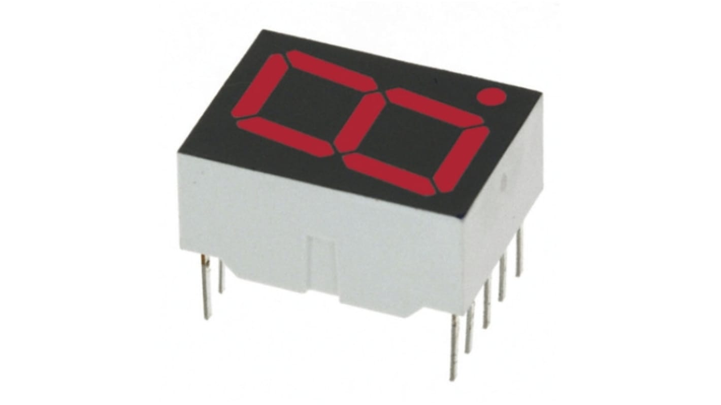 Display LED 7 segmentos Broadcom de 1 caract., Rojo, Vf= 1,7 V, cátodo común, mont. pasante