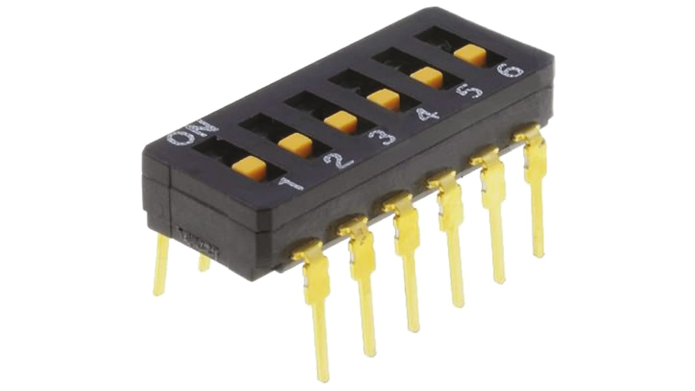 Interruttore DIP A6D-6100, 6PST, 100 mA a 5 V c.c., 6 posizioni, attuatore a Slitta, Foro passante