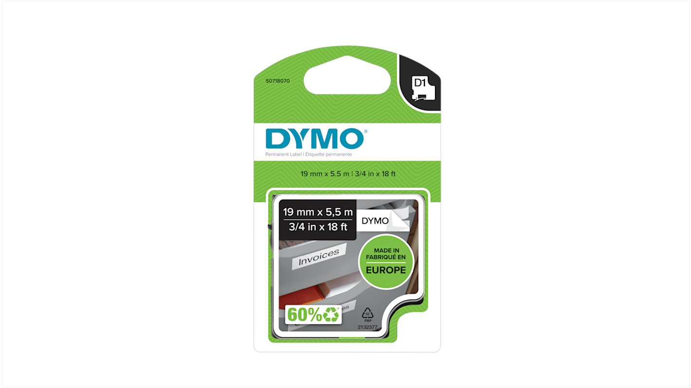 Dymo Black on White Label Printer Tape, 5.5 m Length, 19 mm Width