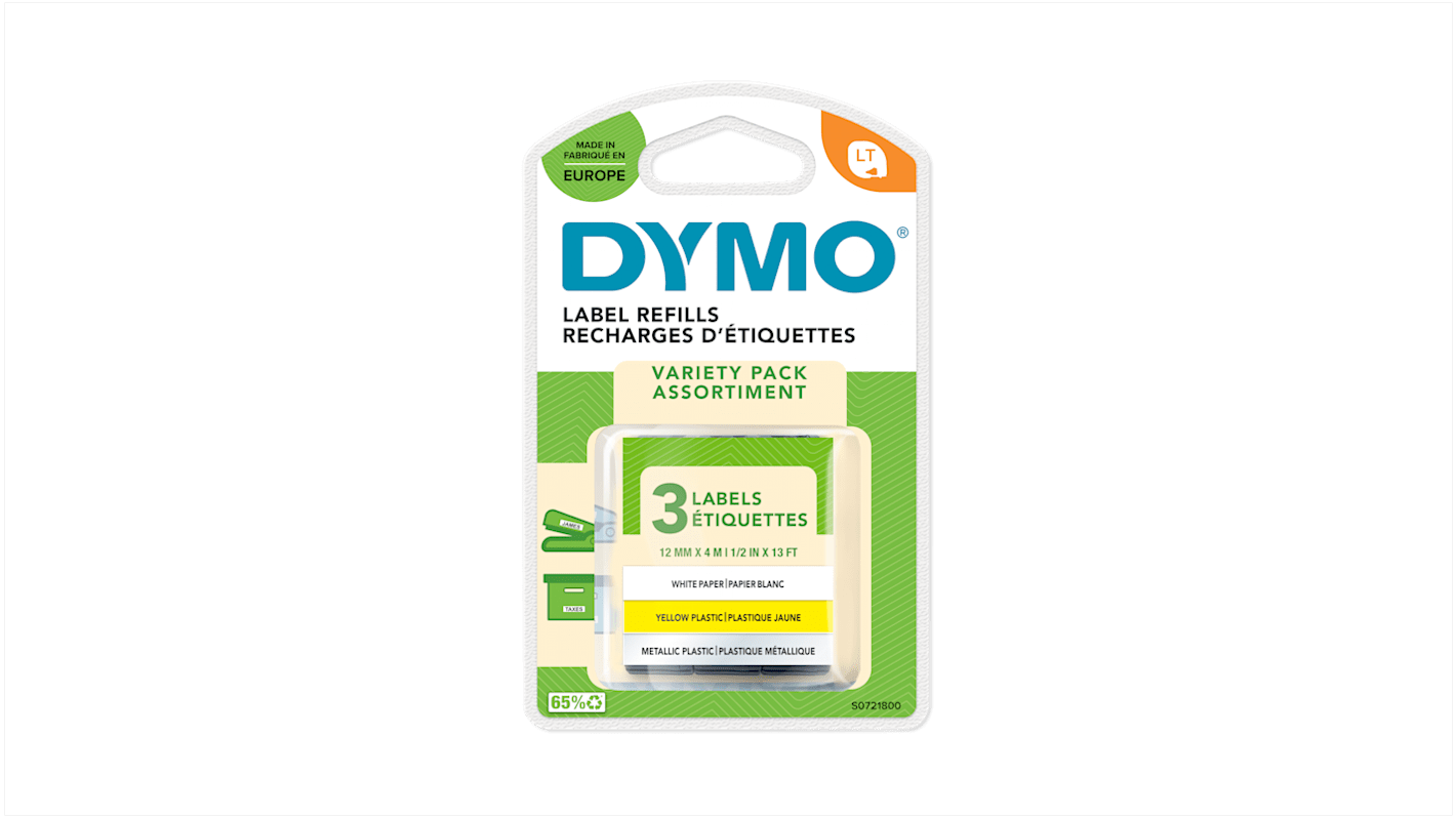 Dymo Black on Silver, White, Yellow Label Printer Tape, 4 m Length, 12 mm Width