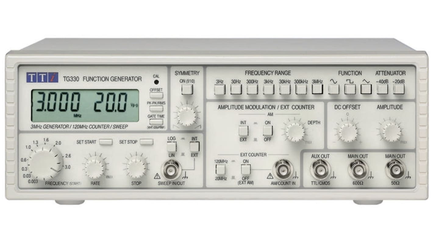 Generador de funciones Aim-TTi TG330, calibrado RS, onda sinusoidal de 0.03Hz → 3MHZ