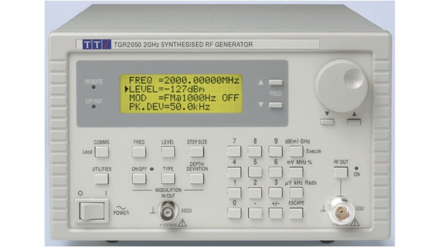 Generador de señales RF Aim-TTi, calibrado RS, con modulación FM, 2000MHZ máx., impedancia 50Ω, interfaz GPIB, RS232