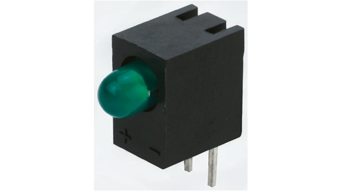 Indicador LED para PCB a 90º Kingbright Verde, λ 568 nm, 1 LED, 2,5 V, 40 °, dim. 8.89 x 4.32 x 7.3mm, mont. pasante