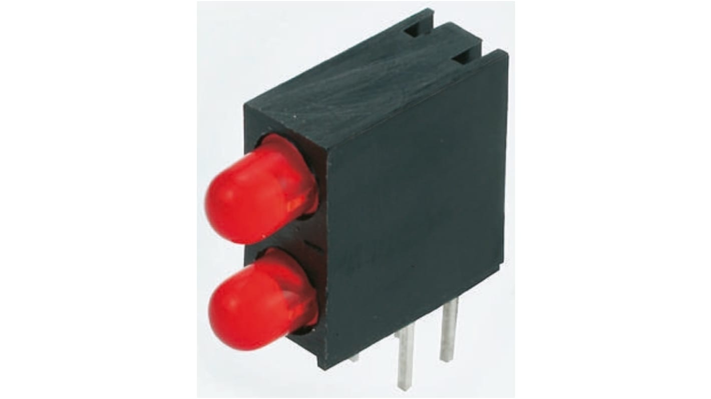 Indicador LED para PCB a 90º Kingbright Rojo, λ 625 nm, 2 LEDs, 2,5 V, 40 °, dim. 10.93 x 4.3 x 9.65mm, mont. pasante