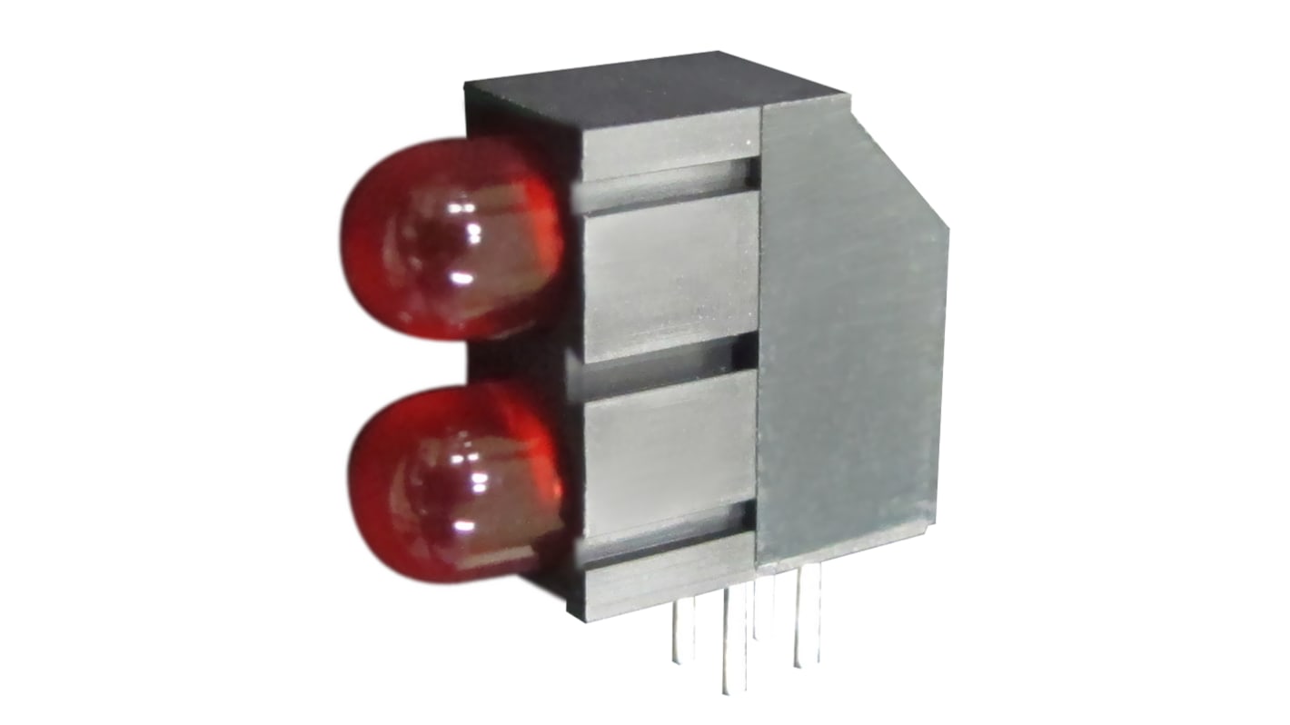 Indicador LED para PCB a 90º Kingbright Rojo, λ 625 nm, 2 LEDs, 2,5 V, 60 °, dim. 15.5 x 6.1 x 12.6mm, mont. pasante