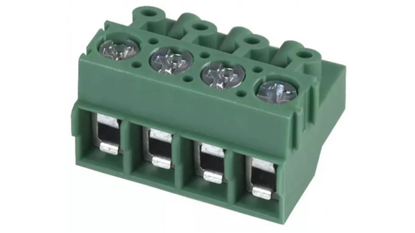 Bloque de terminal PCB Phoenix Contact de 4 vías, paso 5mm, 15A, de color Verde, montaje Montaje en orificio pasante,