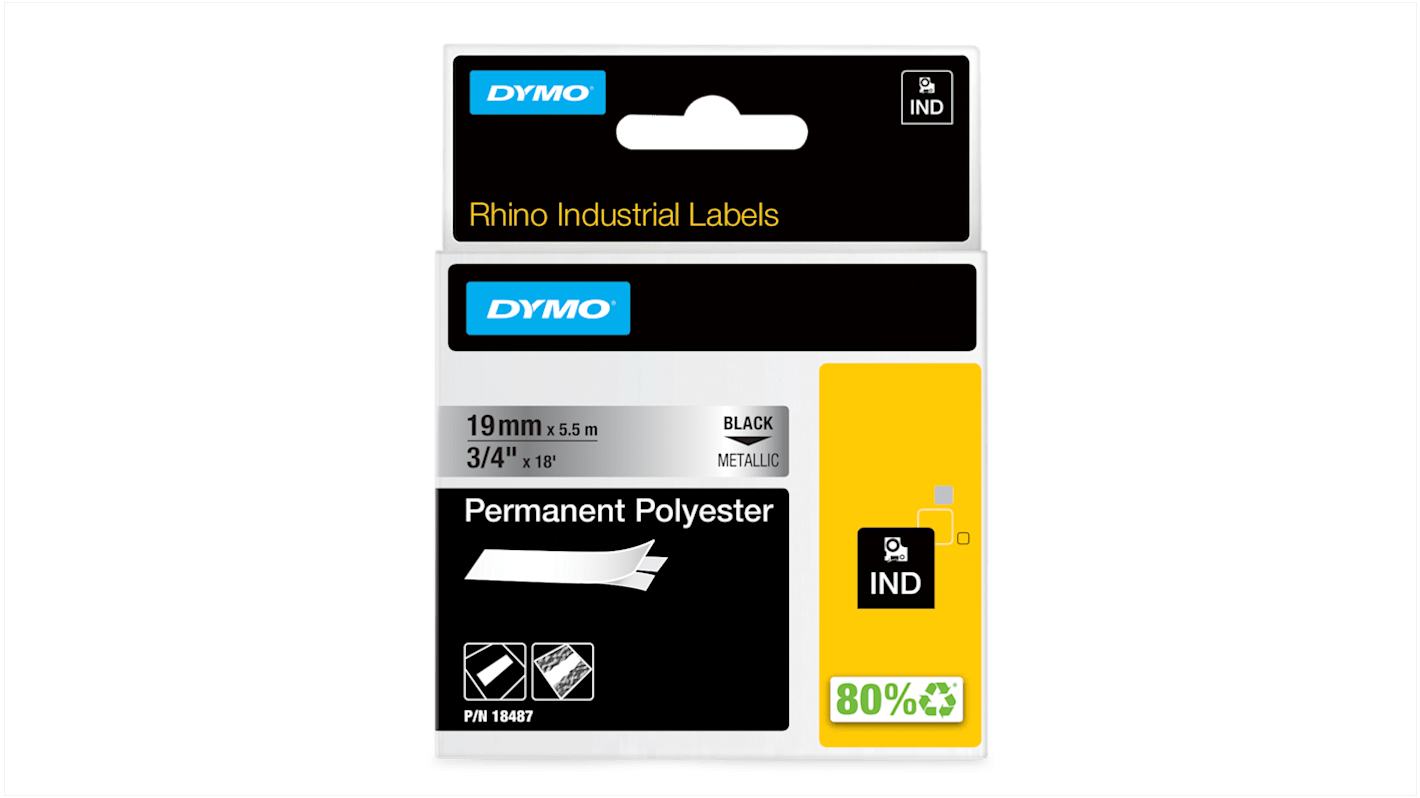 Dymo Black on Silver Label Printer Tape, 5.5 m Length, 19 mm Width