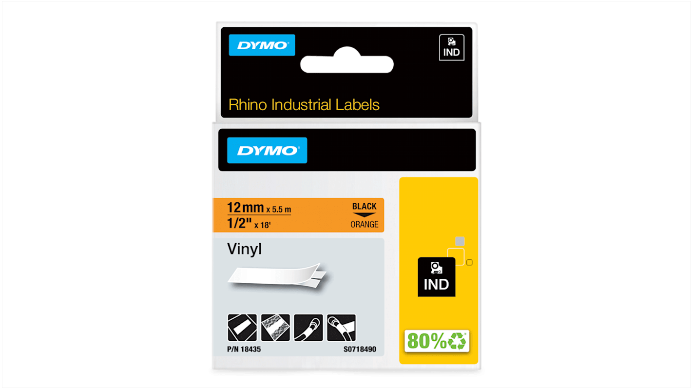 Dymo Sort på Orange Tape til etiketprinter, 5,5 m længde, 12 mm bredde