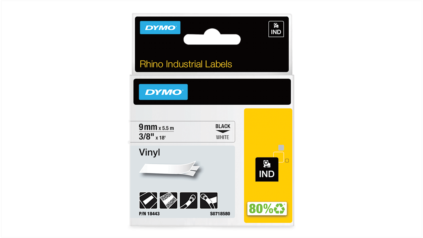 Dymo Black on White Label Printer Tape, 5.5 m Length, 9 mm Width