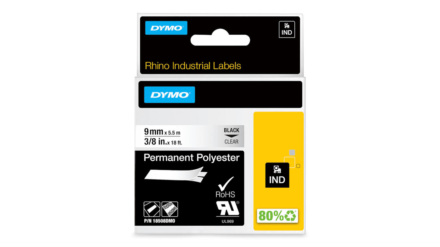 Dymo Black on Clear Label Printer Tape, 5.5 m Length, 9 mm Width