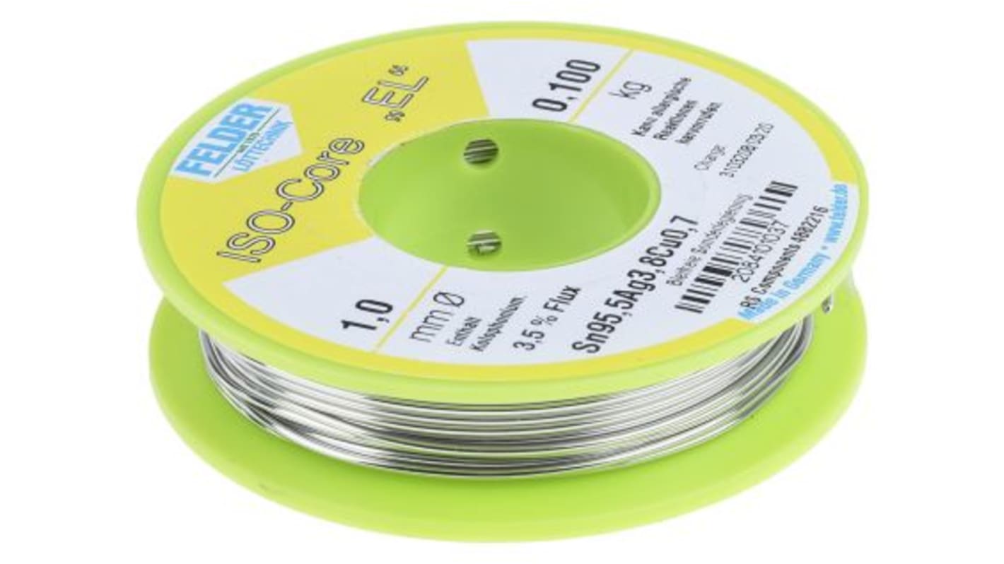 Felder Lottechnik Blyfrit loddetin, 1mm Tråd, smeltepunkt: 217°C, 0% bly, 0.7% kobber, 95.5% Tin, 3.8% Sølv, 100g