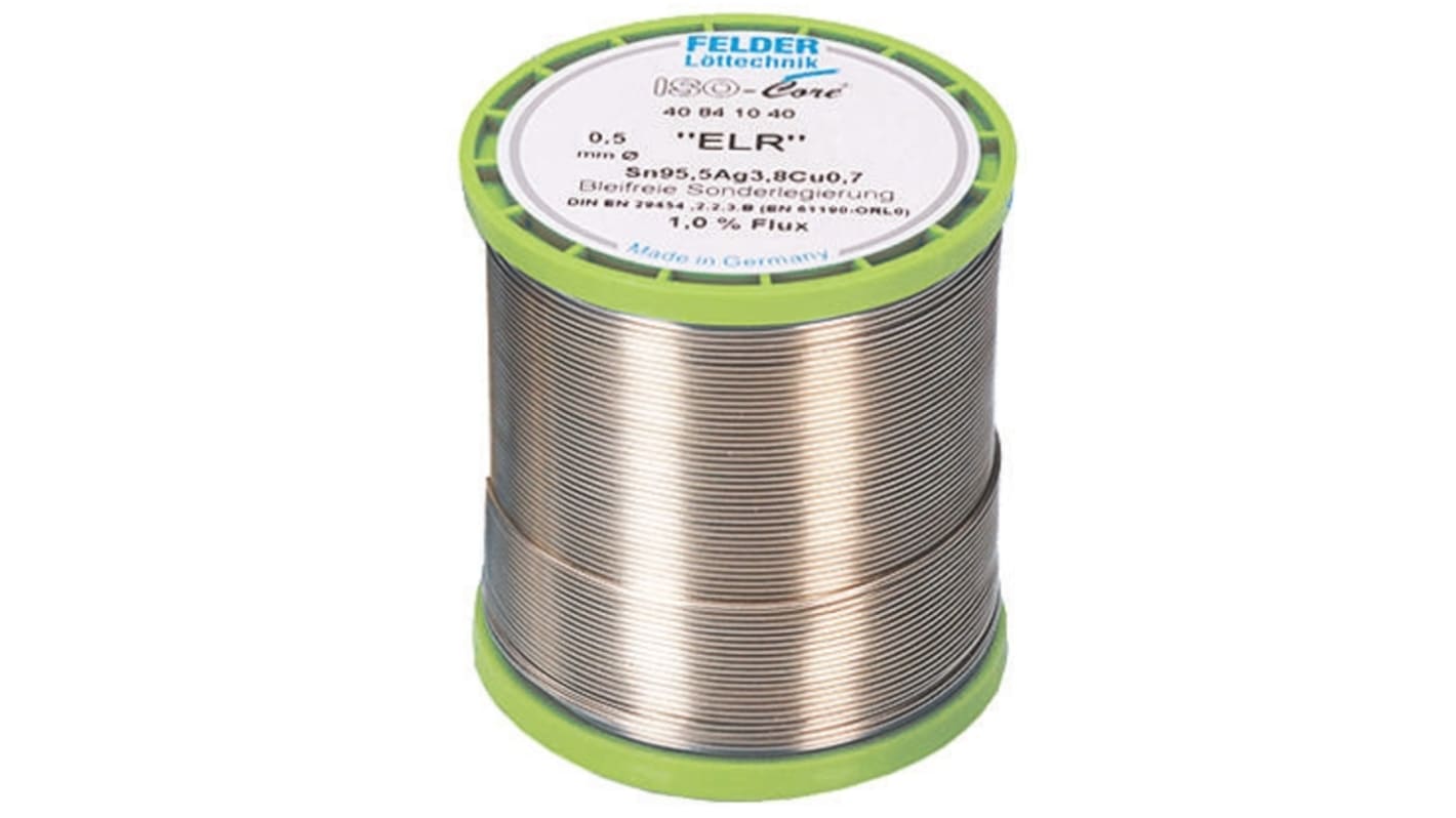 Felder Lottechnik Blyfrit loddetin, 0.5mm Tråd, smeltepunkt: 217°C, 0% bly, 0.7% kobber, 95.5% Tin, 3.8% Sølv, 250g