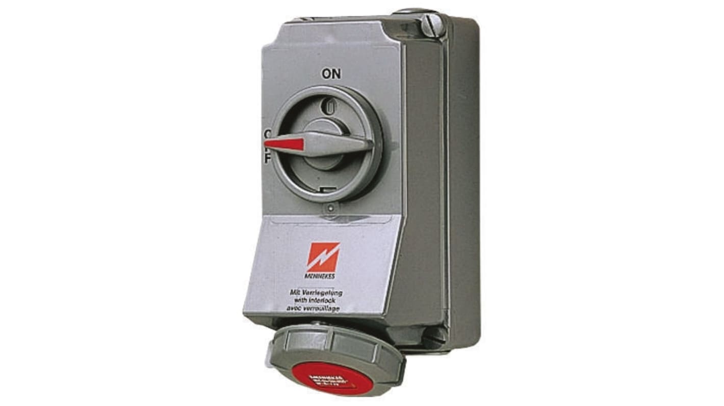 MENNEKES Right Angle Switchable IP67 Industrial Interlock Socket 3PN+E, Earthing Position 6h, 16A, 400 V