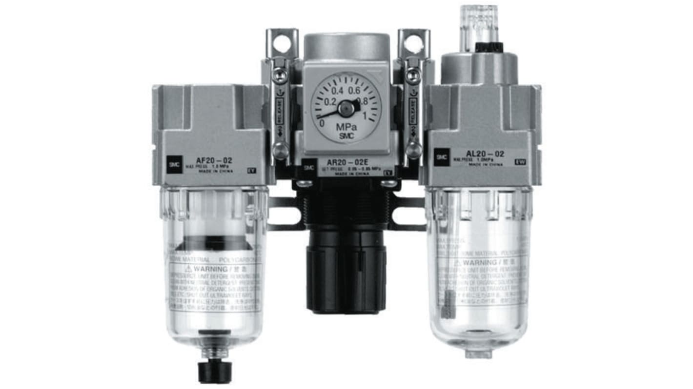 SMC Rc 3/8 FRL, Manual Drain, 5μm Filtration Size - With Pressure Gauge