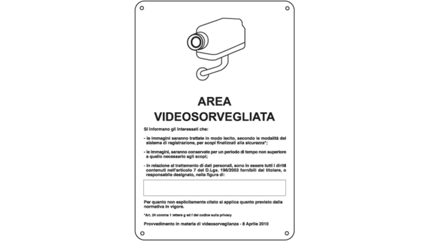 Segnale per videosorveglianza Nero/Bianco Cartelli Segnalatori, Area Videosorvegliata, Italiano, 300 mm x 200mm