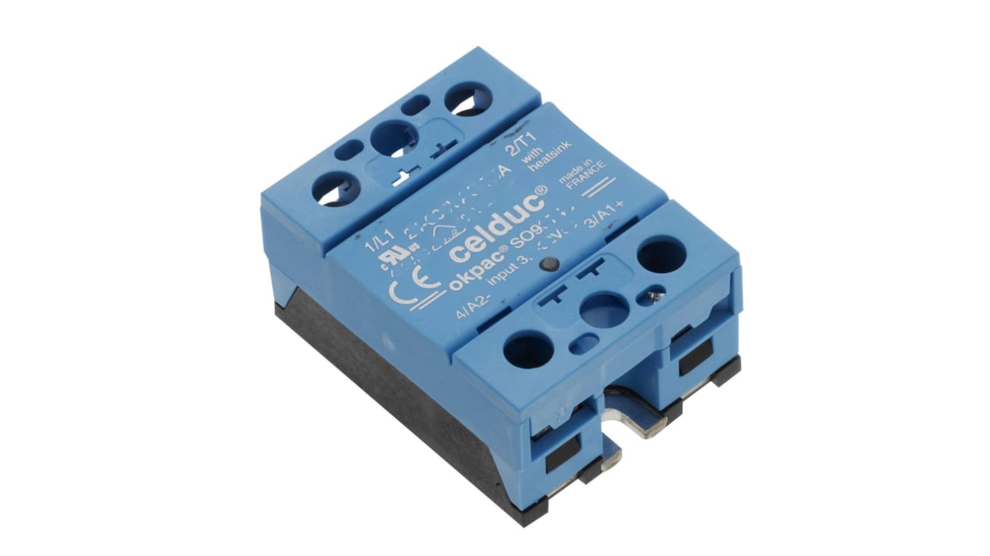 Relé de estado sólido Celduc okpac SO9 de 1 polo, control 3,5 → 32 V dc, carga 24 → 600V ac, 40 A máx.,