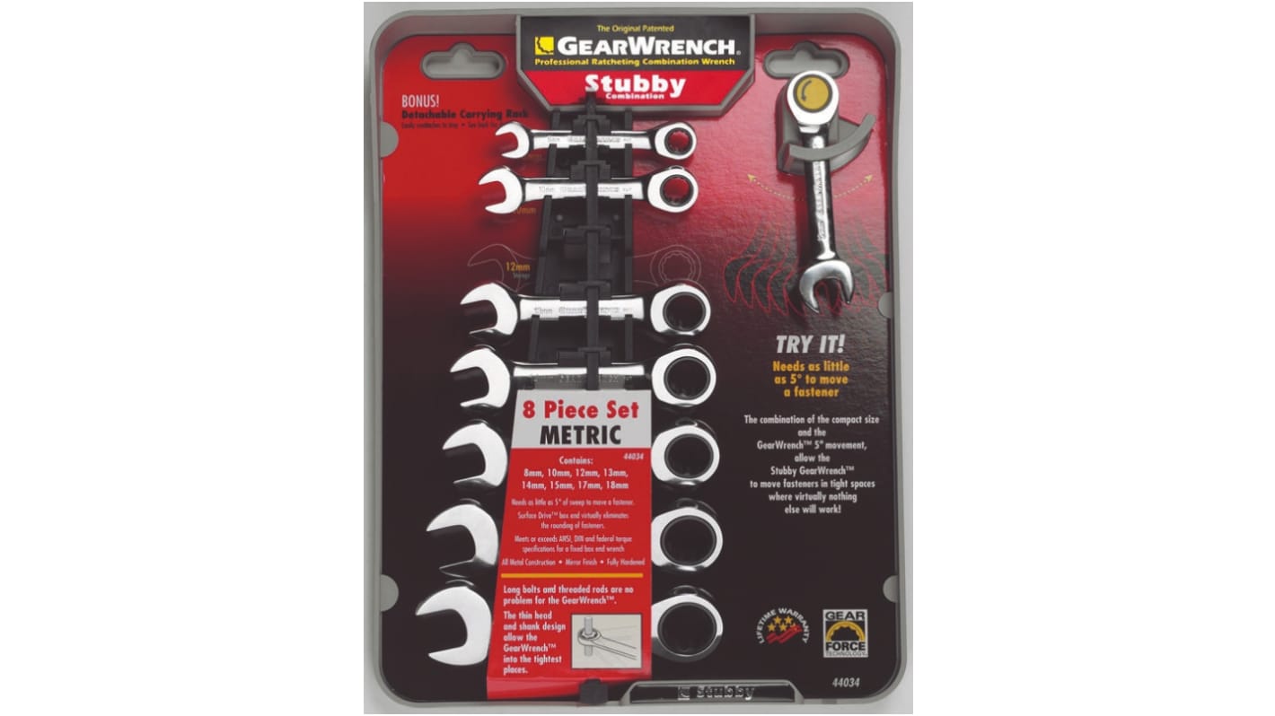 Gear Wrench 8-Piece Ratchet Spanner Set, 8; 10; 12; 13; 14; 15; 17; 18 mm