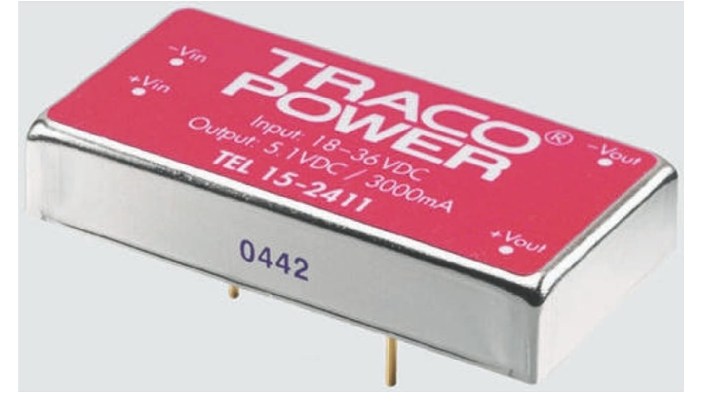 TRACOPOWER TEL 15 DC/DC-Wandler 15W 48 V dc IN, 5V dc OUT / 3A Durchsteckmontage 1.5kV dc isoliert