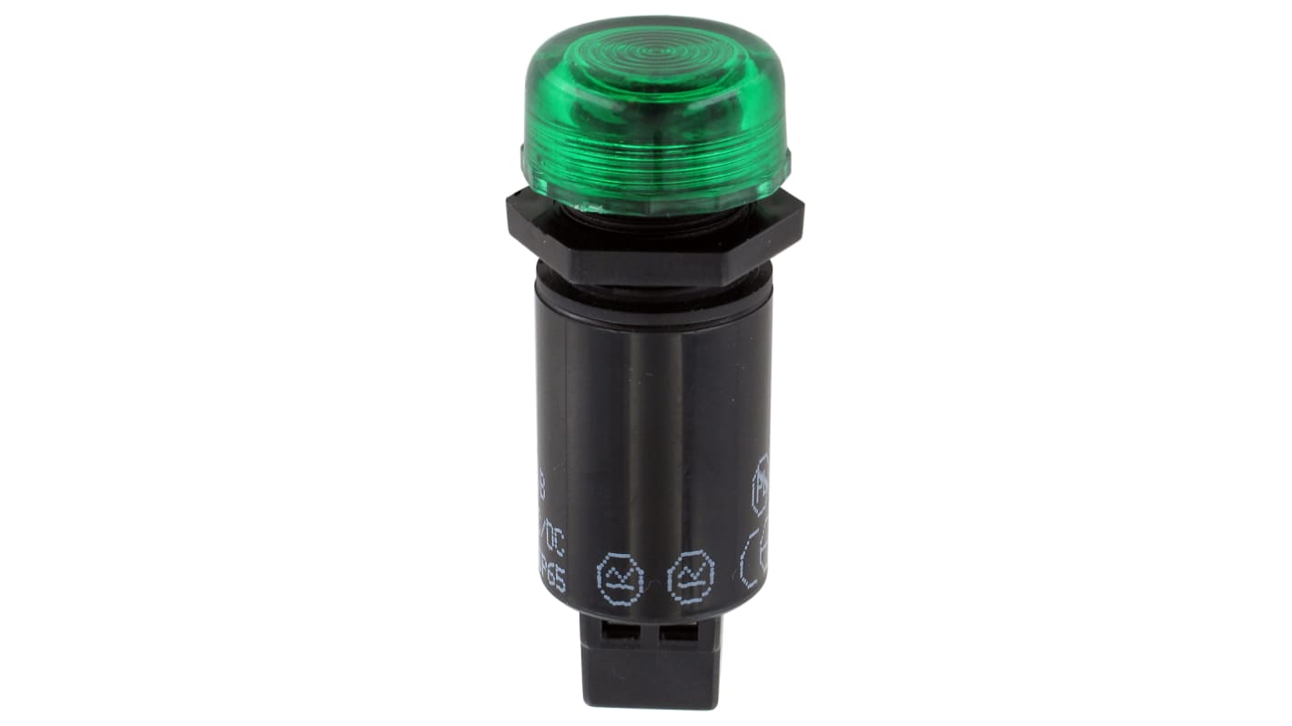 Indikátor pro montáž do panelu 16mm Prominentní barva Zelená, typ žárovky: LED, 230V ac Sloan