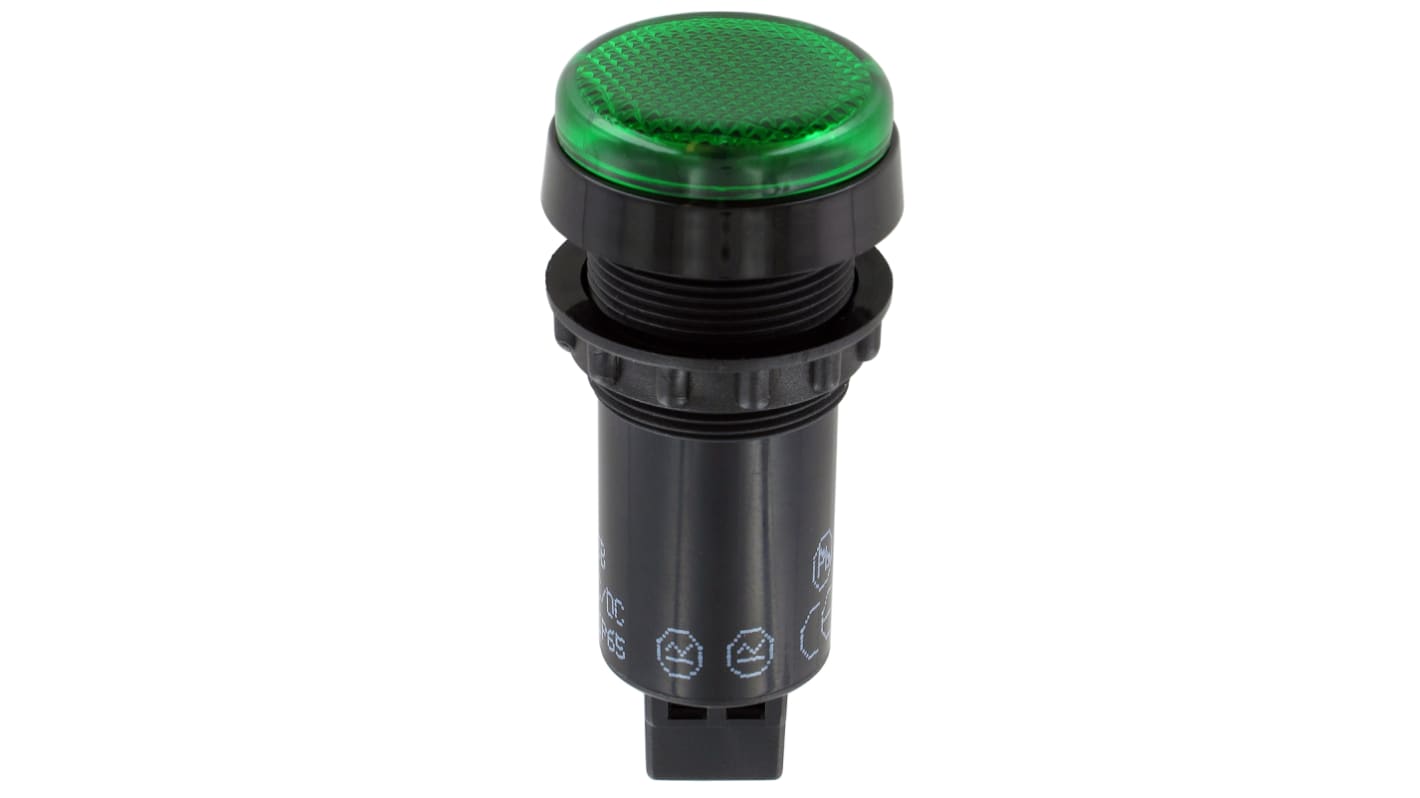 Indicador LED Sloan, Verde, lente prominente, Ø montaje 22mm, 230V ac, 20mA, 4 x 800mcd