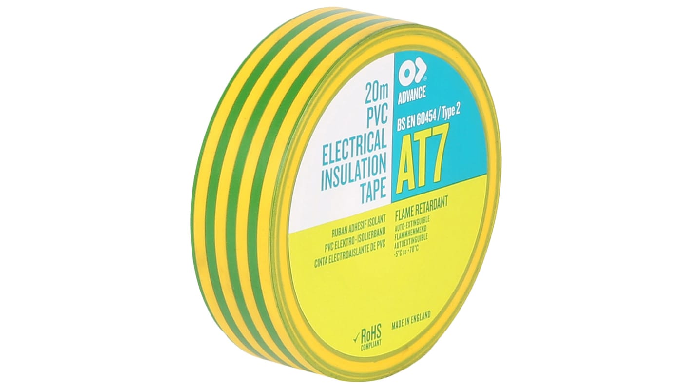 Cinta aislante de PVC Advance Tapes AT7 de color Verde, amarillo, 19mm x 20m, grosor 0.13mm