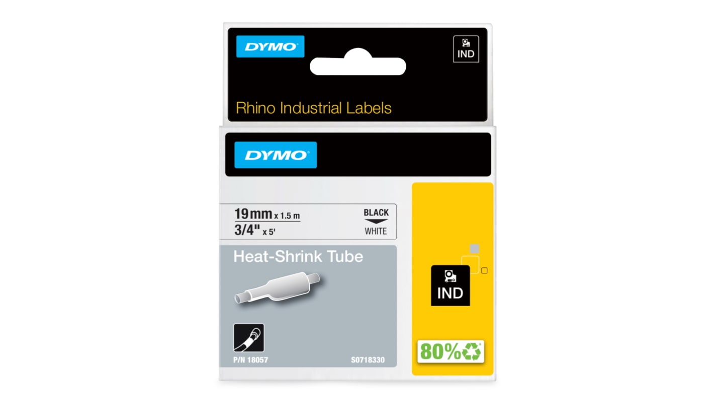 Dymo Heat Shrink Tubing, White 19mm Sleeve Dia. x 1.5m Length 3:1 Ratio, DYMO Series