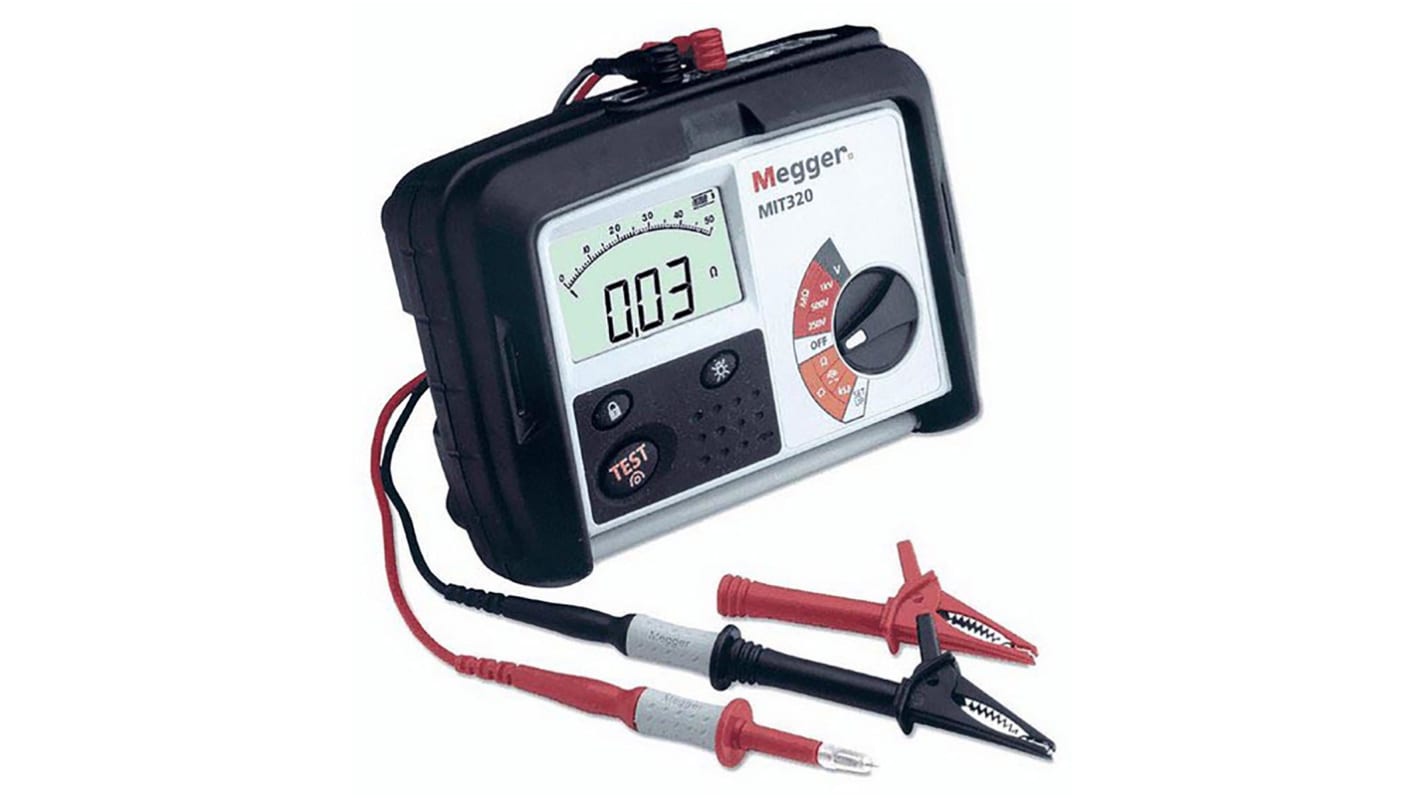 Megger MIT320 Insulation & Continuity Tester, 250V Min, 1000V dc Max, 999mΩ Max, CAT III 600V - UKAS Calibration