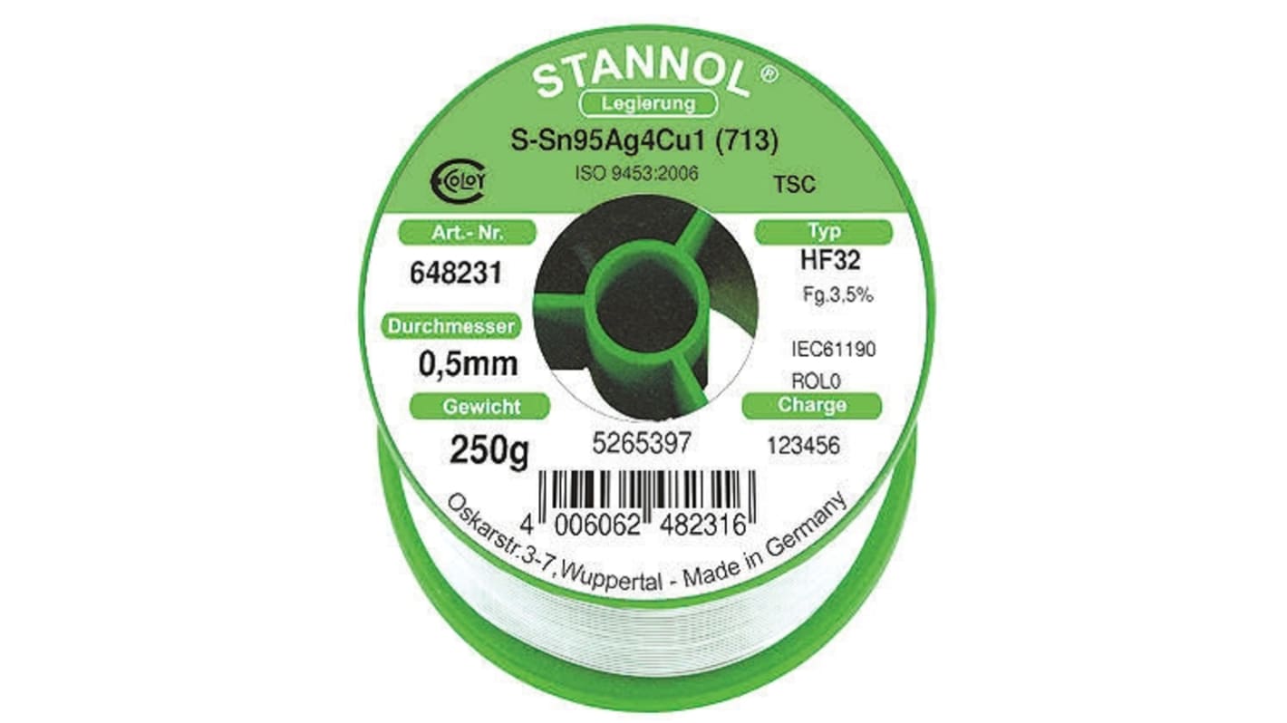 Stannol HF32 Halogenfreies Lötzinn bleifrei 95.5%Sn 0%Pb 0.7%Cu 3.8%Ag, 217°C, Ø 0.5mm / 250g