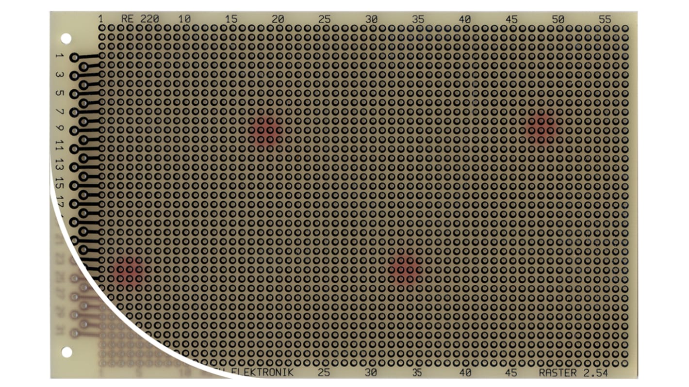 Placa de matriz RE220-LF, cara única, DIN 41617, FR4, orificios: 37 x 58, diámetro 1mm, paso 2.54 x 2.54mm, 160 x 100 x