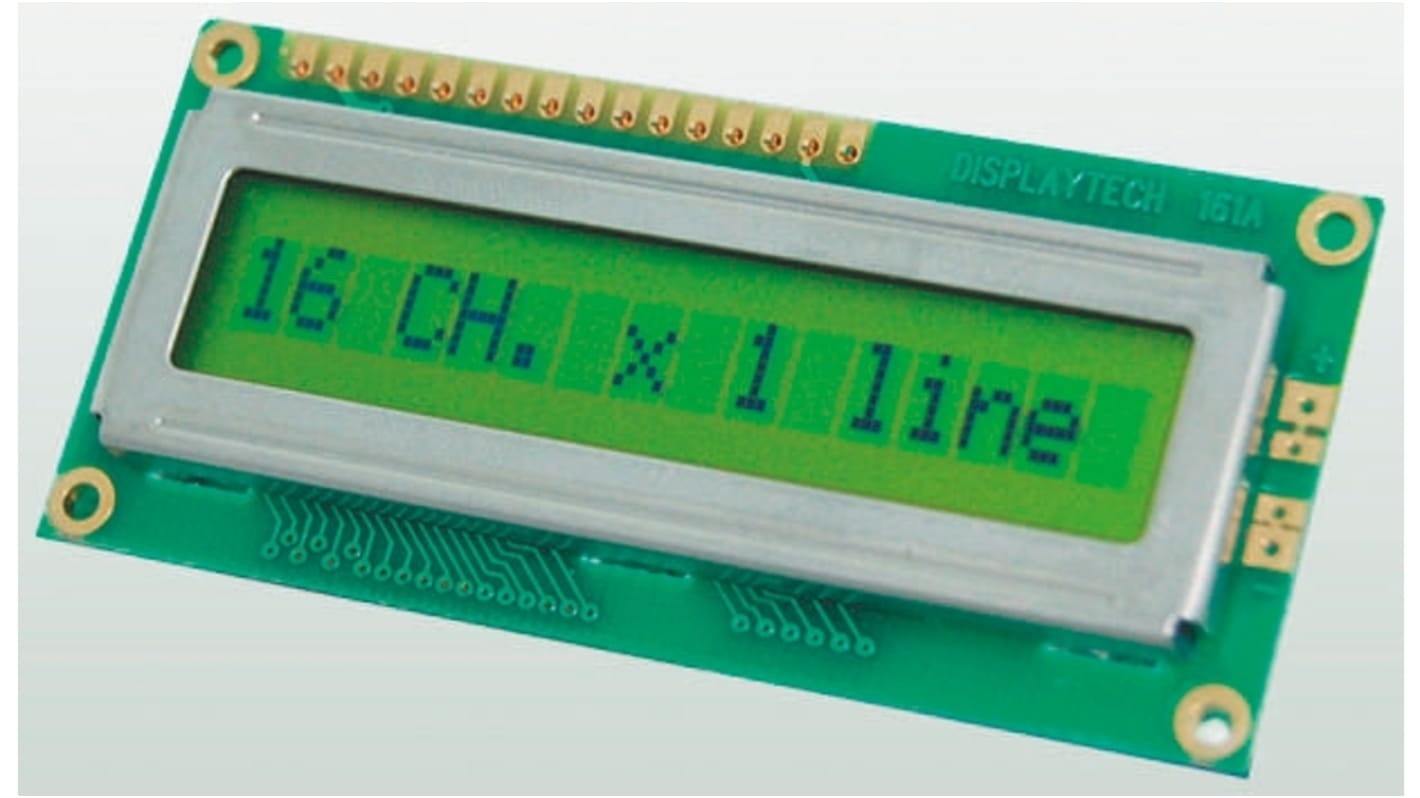 Display monocromo LCD alfanumérico Displaytech de 1 fila x 16 caract., reflectante, área 65 x 14mm