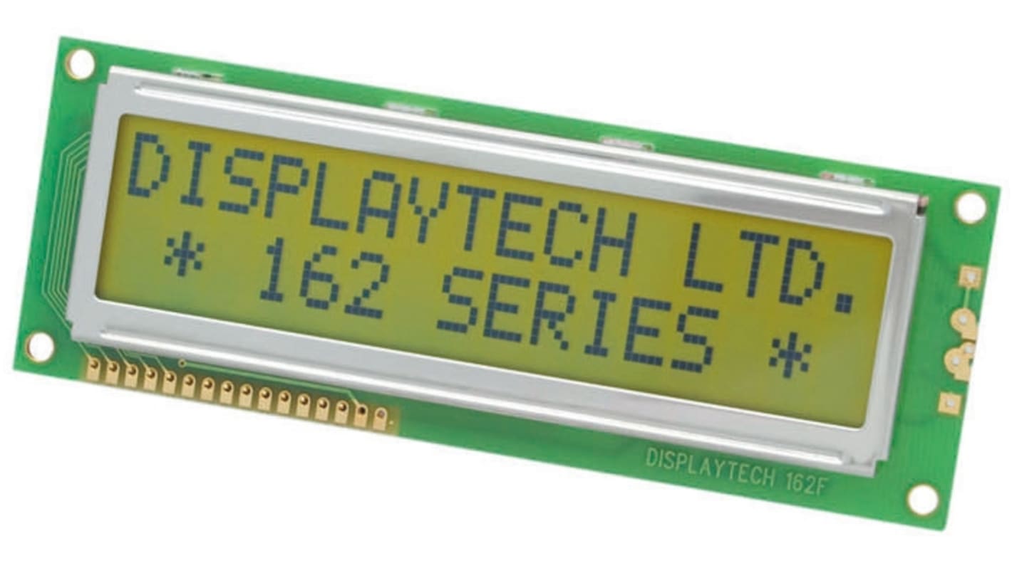 Displaytech 162F-BA-BC Alphanumeric LCD Display, Yellow on Green, 2 Rows by 16 Characters, Reflective