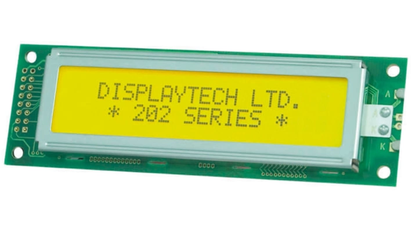 Displaytech 202A-BC-BC Alphanumeric LCD Display, Yellow on Green, 2 Rows by 20 Characters, Transflective