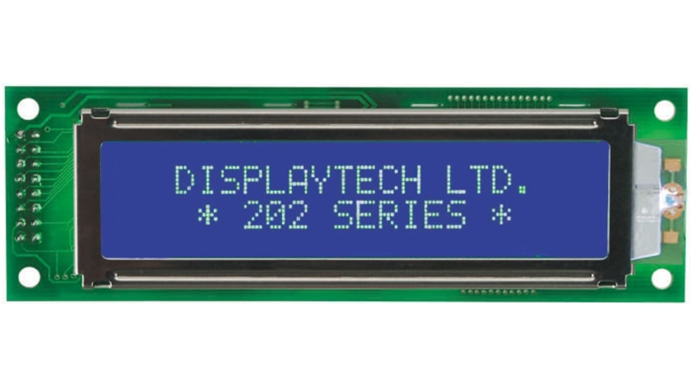 Display monocromo LCD alfanumérico Displaytech de 2 filas x 20 caract., transflectivo, área 85 x 20mm