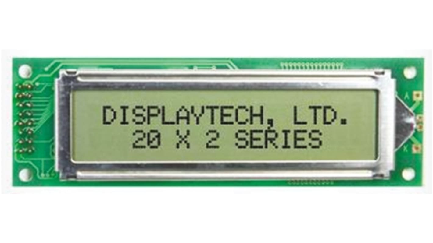 Display monocromo LCD alfanumérico Displaytech de 2 filas x 20 caract., transflectivo, área 85 x 20mm