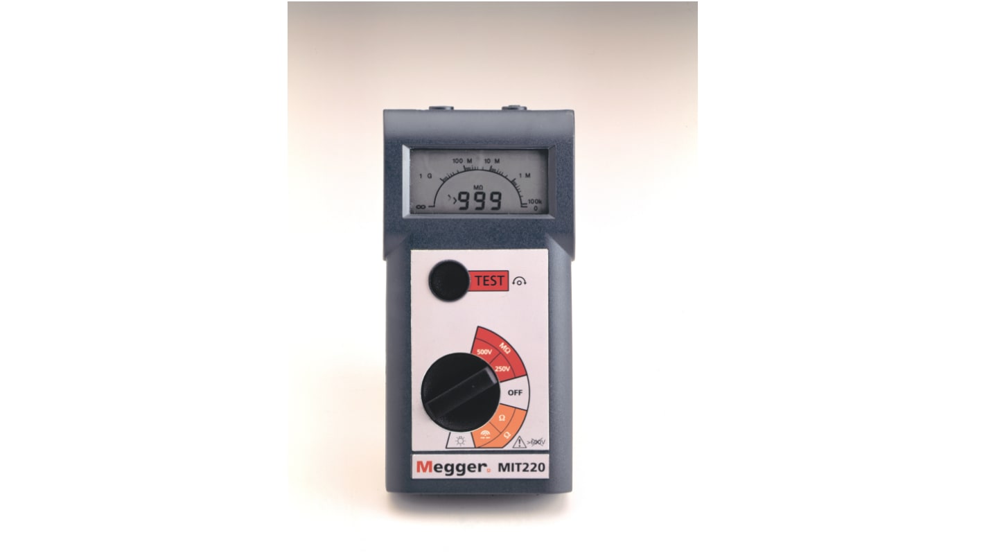 Megger MIT220 Insulation & Continuity Tester, 250V dc Min, 500V dc Max, 999MΩ Max, CAT III 300V - UKAS Calibration