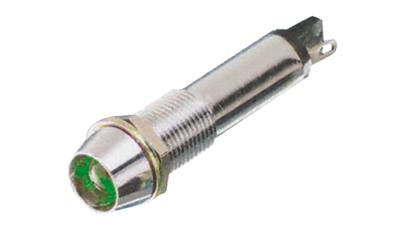 Indicador LED Dialight, Verde, lente rebajada, marco Cromo, Ø montaje 9mm, 12V dc, 15mA, 110mcd