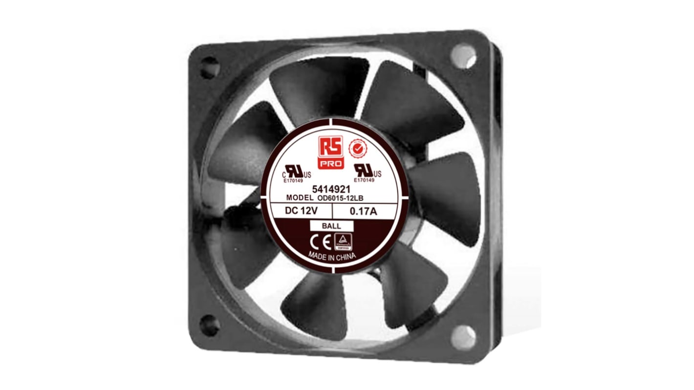 RS PRO Axial Fan, 12 V dc, DC Operation, 20.4m³/h, 1.1W, 70mA Max, 60 x 60 x 15mm