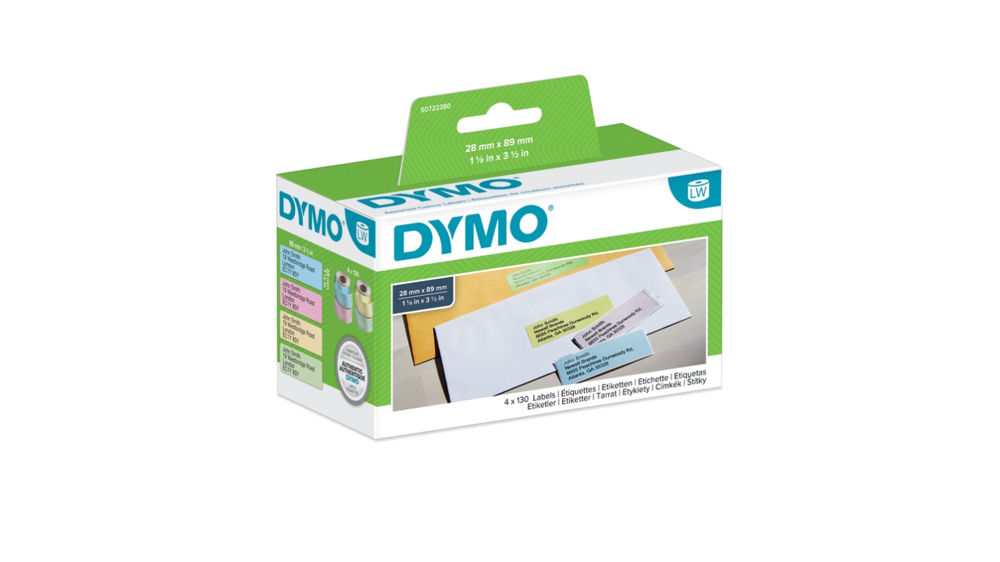 Dymo Blue, Green, Pink, Yellow Black Print Label Roll, 89mm Width, 28mm Height, 130Per Roll Qty