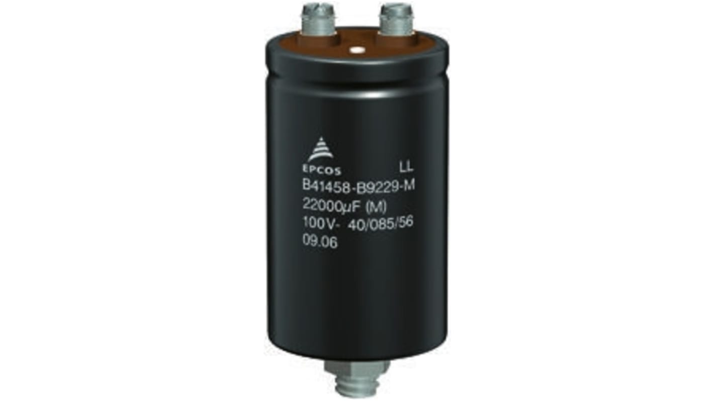 Condensador electrolítico EPCOS serie B41458, 22000μF, ±20%, 100V dc, mont. roscado, 64.3 (Dia.) x 105.7mm