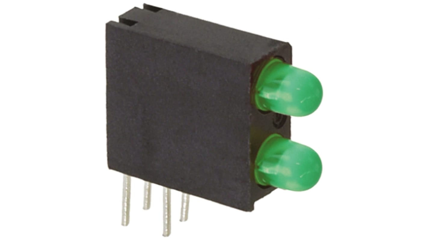 Indicador LED para PCB a 90º Dialight Verde, λ 565 nm, 2 LEDs, 2,2 V, 60°, dim. 11 x 4.3 x 9.7mm, mont. pasante